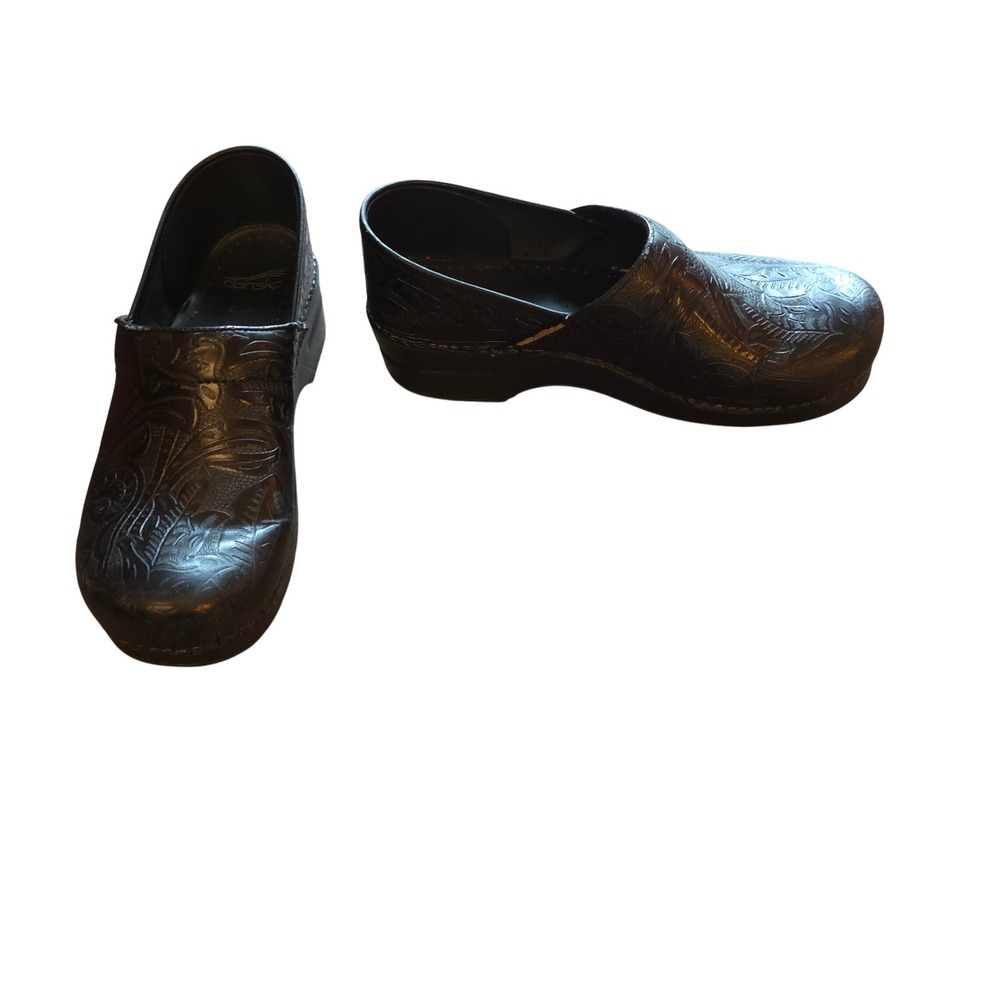 Dansko Black Embossed Leather Clogs 41/ 10-10.5 Slip On Comfort Shoes Work